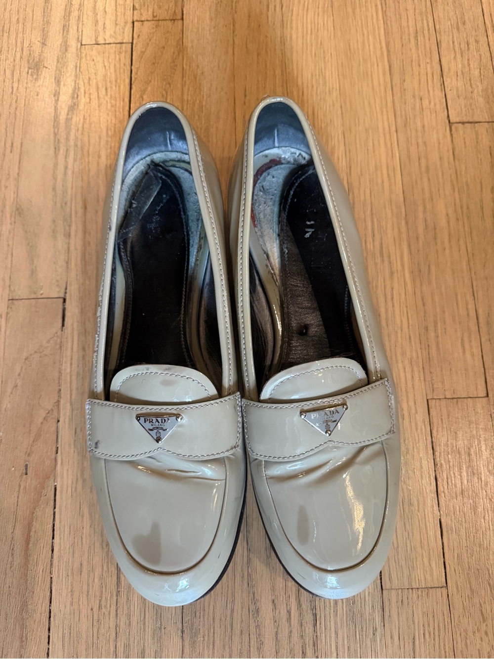 Prada Grey Patent Leather Loafers with Triangle Logo - READ DESCRIPTION